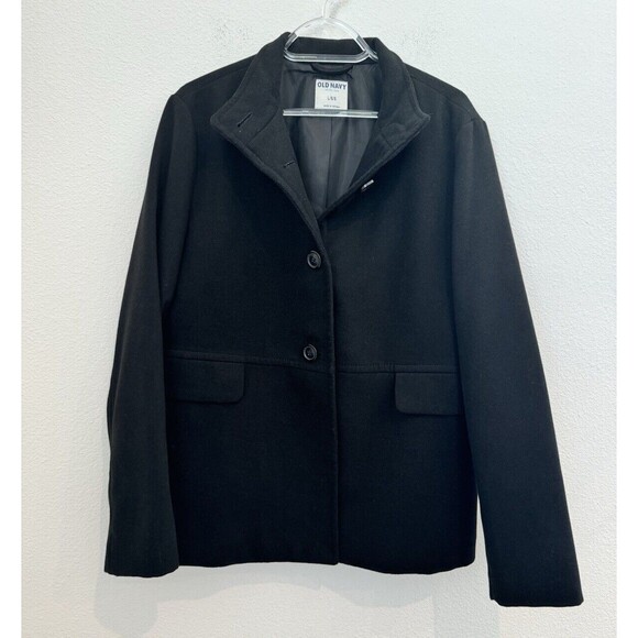 Old Navy Women's Black Faux Wool PeaCoat Collared Long Sleeve Button Front Large - Picture 1 of 11